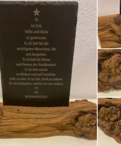 Dein Lieblingsspruch auf Schiefer gelasert mit Altholzsockel